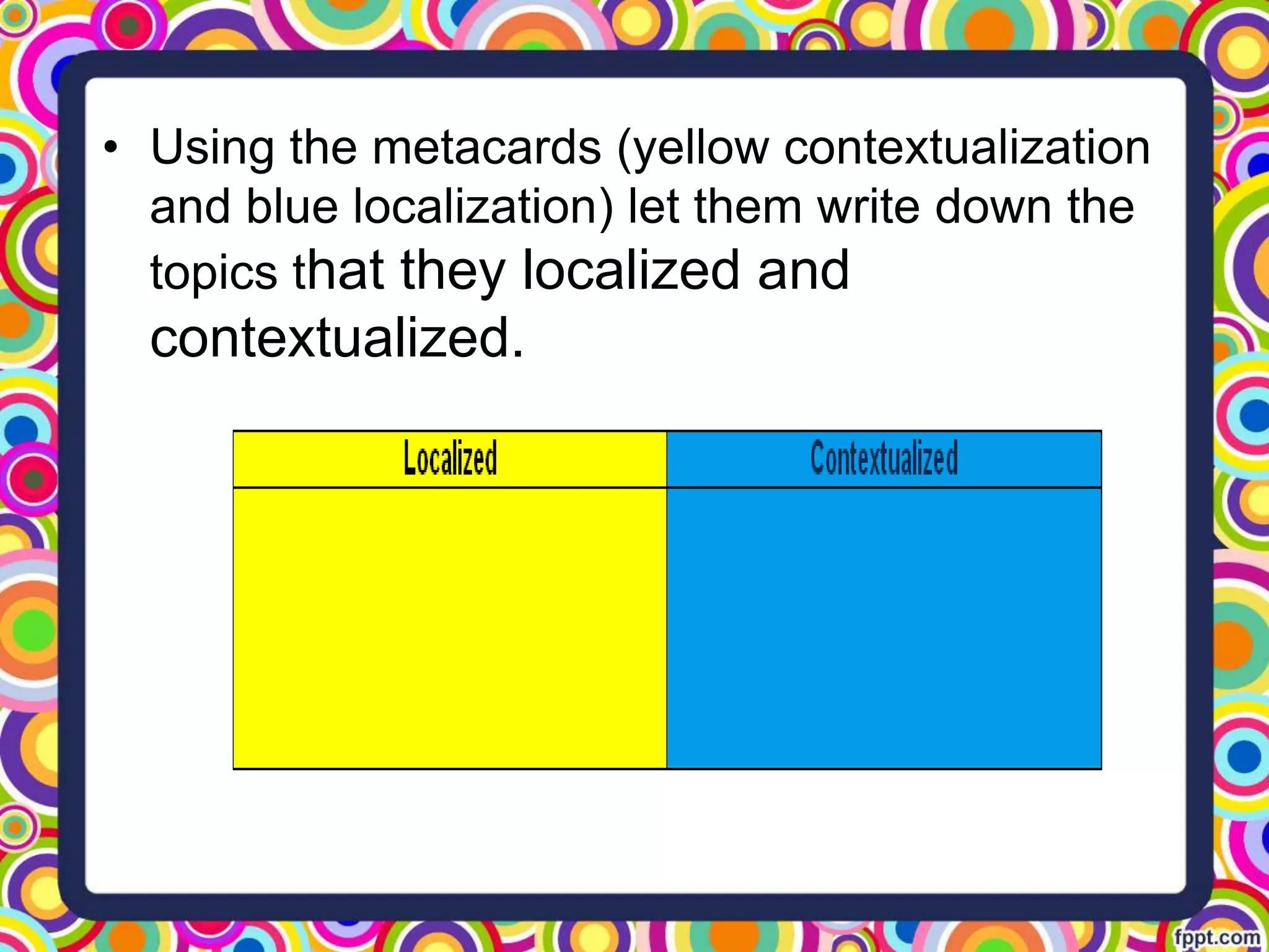 • Using the metacards (yellow contextualization
and blue localization) let them write down the
topics that they localized and
contextualized.
 