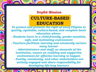 DepEd Mission
CULTURE-BASED
EDUCATION
To protect and promote the right of every Filipino to
quality, equitable, culture-based, and complete basic
education where:
- Students learn in a child-friendly, gender-sensitive,
safe, and motivating environment
- Teachers facilitate learning and constantly nurture
every learner
- Administrators and staff, as stewards of the
institution, ensure an enabling and supportive
environment for effective learning to happen
- Family, community, and other stakeholders are
actively engaged and share responsibility for
developing life-long learners
 