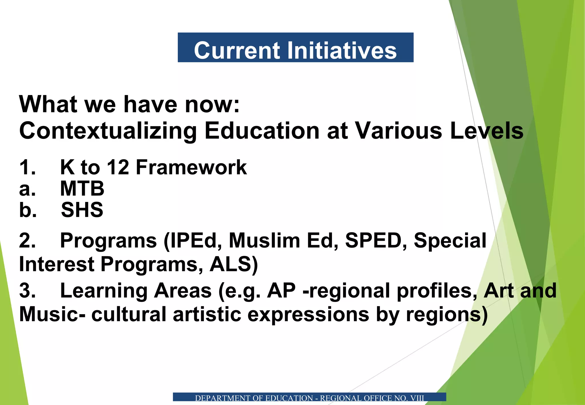 Current Initiatives
What we have now:
Contextualizing Education at Various Levels
1. K to 12 Framework
a. MTB
b. SHS
2. Programs (IPEd, Muslim Ed, SPED, Special
Interest Programs, ALS)
3. Learning Areas (e.g. AP -regional profiles, Art and
Music- cultural artistic expressions by regions)
DEPARTMENT OF EDUCATION - REGIONAL OFFICE NO. VIII
 