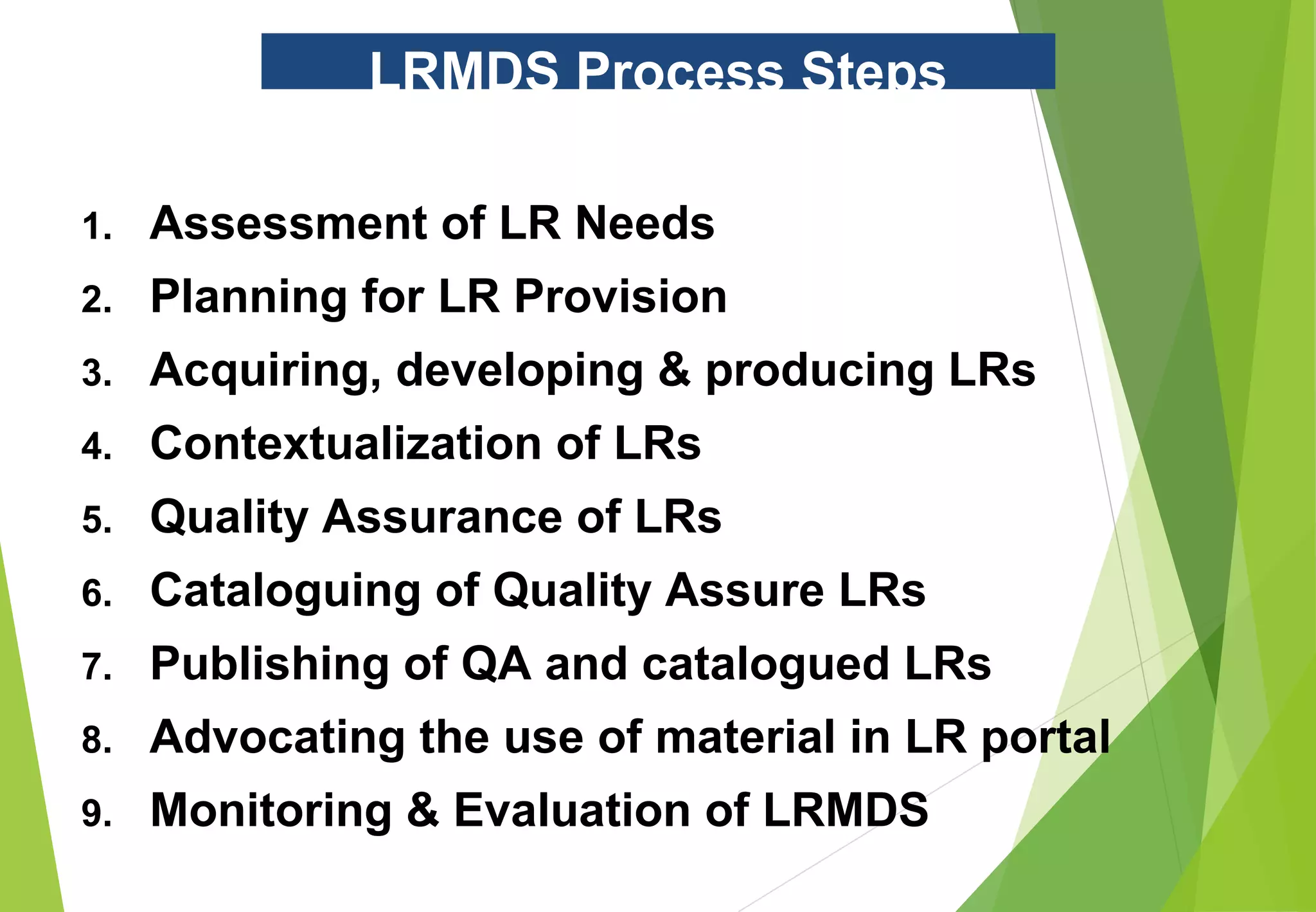 LRMDS Process Steps
1. Assessment of LR Needs
2. Planning for LR Provision
3. Acquiring, developing & producing LRs
4. Contextualization of LRs
5. Quality Assurance of LRs
6. Cataloguing of Quality Assure LRs
7. Publishing of QA and catalogued LRs
8. Advocating the use of material in LR portal
9. Monitoring & Evaluation of LRMDS
 