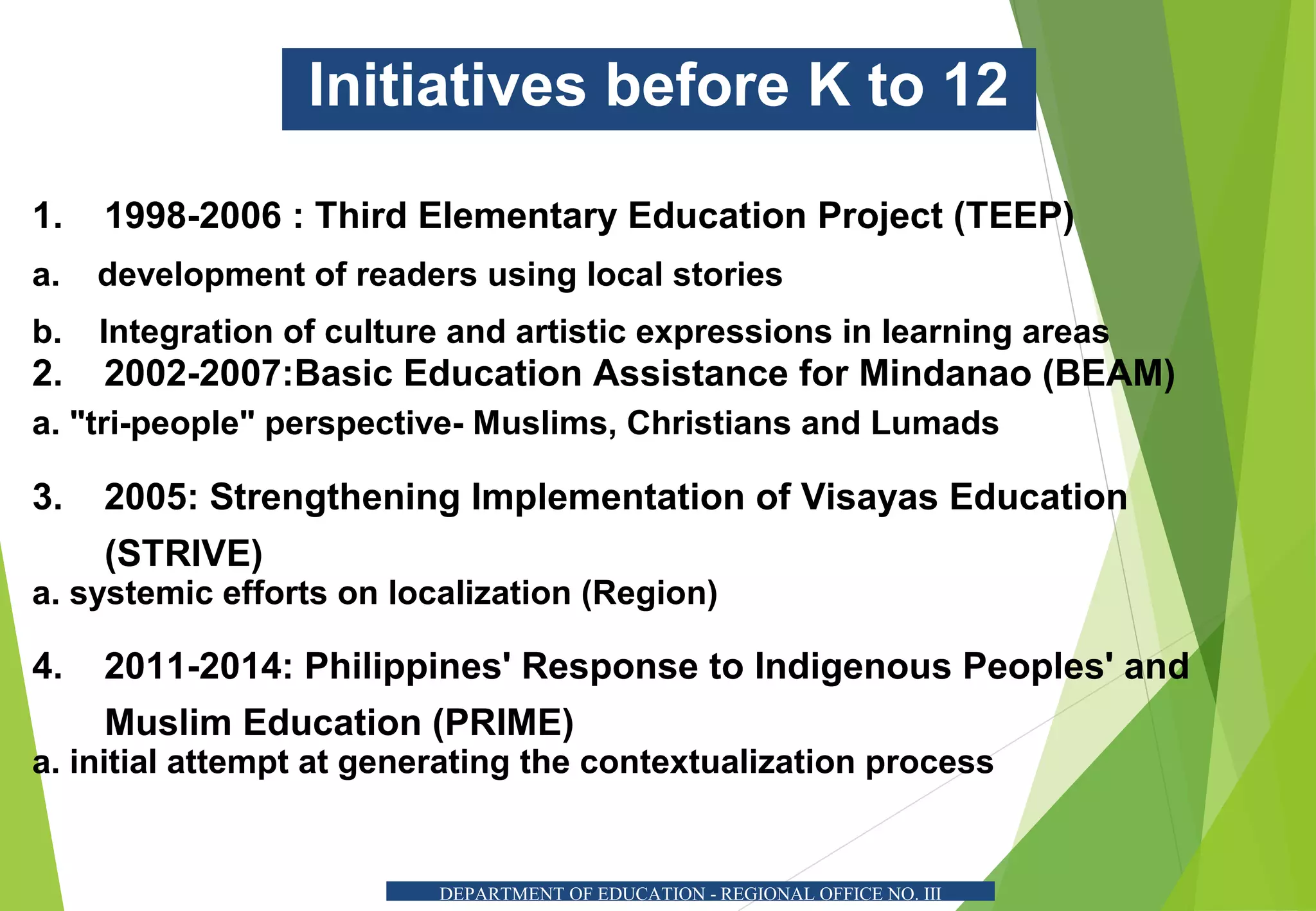 Initiatives before K to 12
1. 1998-2006 : Third Elementary Education Project (TEEP)
a. development of readers using local stories
b. Integration of culture and artistic expressions in learning areas
2. 2002-2007:Basic Education Assistance for Mindanao (BEAM)
a. "tri-people" perspective- Muslims, Christians and Lumads
3. 2005: Strengthening Implementation of Visayas Education
(STRIVE)
a. systemic efforts on localization (Region)
4. 2011-2014: Philippines' Response to Indigenous Peoples' and
Muslim Education (PRIME)
a. initial attempt at generating the contextualization process
DEPARTMENT OF EDUCATION - REGIONAL OFFICE NO. III
 