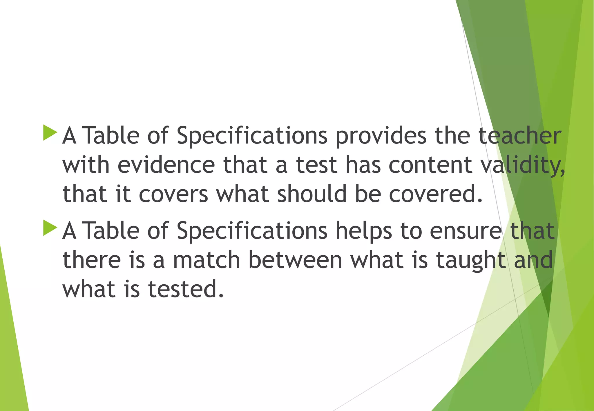 A Table of Specifications provides the teacher
with evidence that a test has content validity,
that it covers what should be covered.
A Table of Specifications helps to ensure that
there is a match between what is taught and
what is tested.
 
