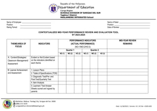 Republic of the Philippines
Department of Education
Caraga Region
SCHOOLS DIVISION OF SURIGAO DEL SUR
Tagbina I District
MAGLAMBING INTEGRATED School
Balilahan, Mabua, Tandag City, Surigao del Sur, 8300
(086) 211-3225
surigaodelsur.division@deped.gov.ph Date: 11/18/2022 | Version: V3 | DC No: I-OSDS-003
Name of Employee: _______________________________ Name of Rater: _________________________________
Position: _________________________________ Position: ______________________________________
Rating Period: _________________________________ Date of Review: ________________________________
CONTEXTUALIZED MID-YEAR PERFORMANCE REVIEW AND EVALUATION TOOL
SY 2023-2024
THEME/AREA OF
FOCUS
INDICATORS
PERFORMANCE INDICATORS
(ACTUAL PERFORMANCE)
(NO-1/MO-2/HO-3)
MID-YEAR REVIEW
REMARKS
Quarter 1 Quarter 2
NO (1) MO (2) HO (3) NO (1) MO (2) HO (3)
A. Content/Strategies/
Classroom Management/
Assessment
Evident or Not Evident based
on the indicators identified on
each theme.
B. Learner Achievement
and Assessment
1. Lesson Plans
2. Table of Specifications (TOS)
3. Diagnostic Test/Pre- and
Post-Test/Quarterly Test
4. Item Analysis
5. Learners’ Test Answer
Sheets scored and signed by
parents
 