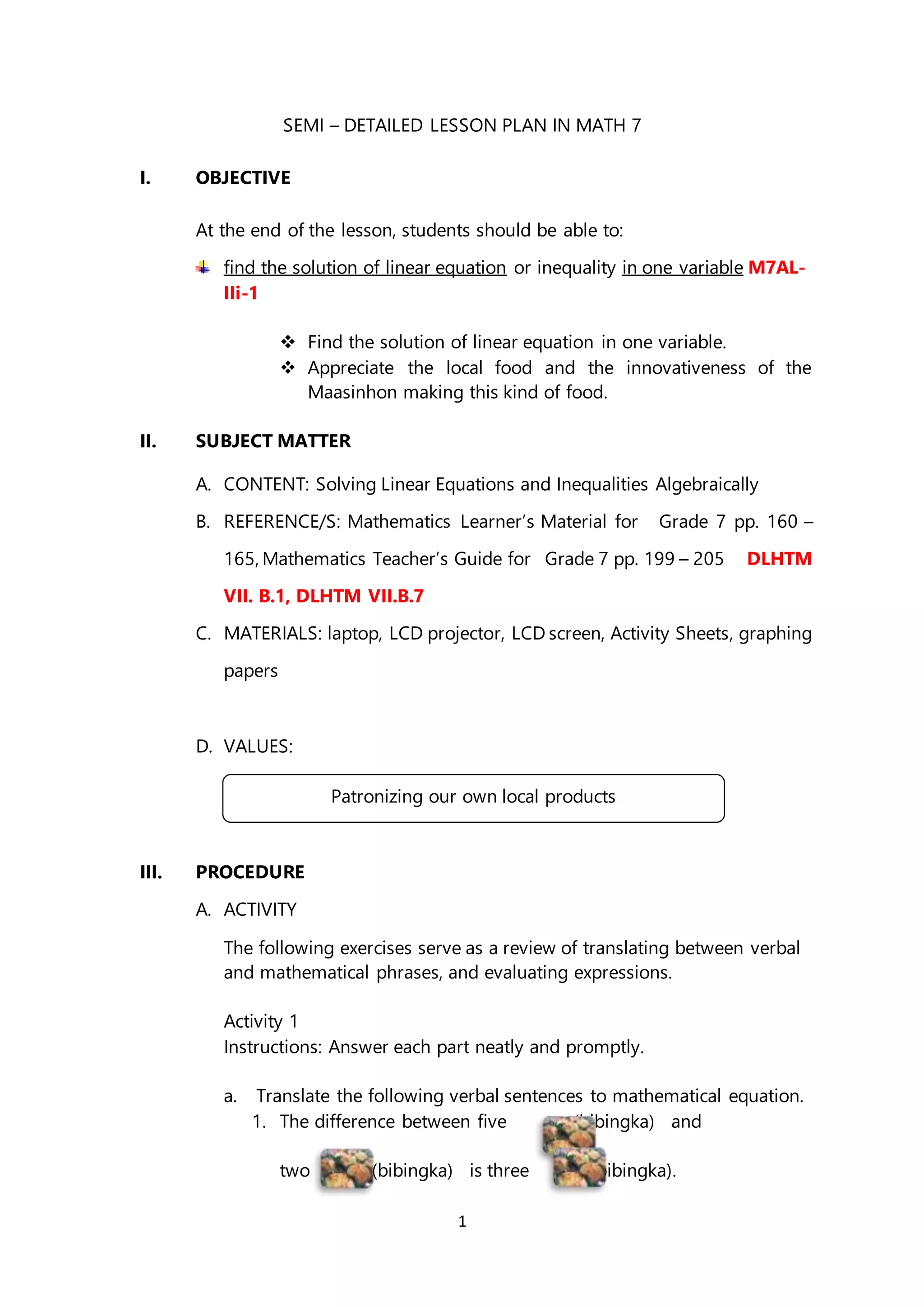 Contextualized Lesson Plan in Math 7 Linear Equation in One Variable | DOCX