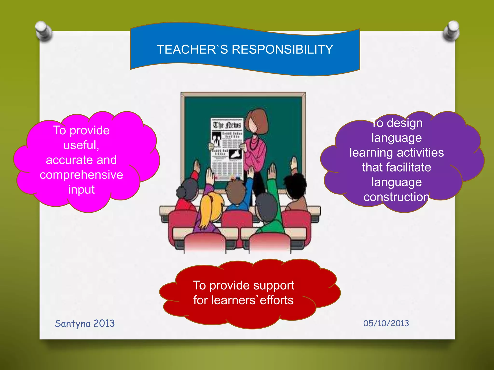 05/10/2013Santyna 2013
TEACHER`S RESPONSIBILITY
To provide
useful,
accurate and
comprehensive
input
To design
language
learning activities
that facilitate
language
construction
To provide support
for learners`efforts
 