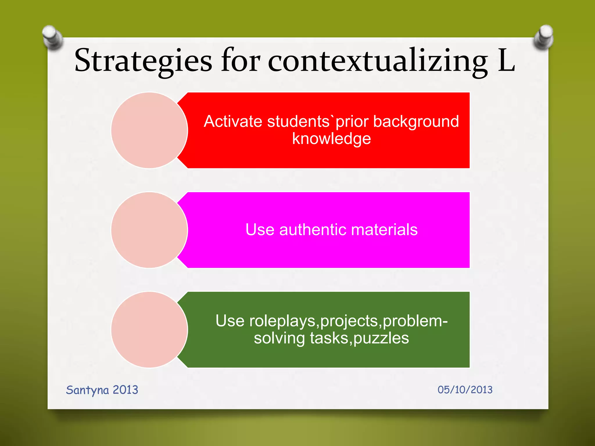 Strategies for contextualizing L
05/10/2013Santyna 2013
Activate students`prior background
knowledge
Use authentic materials
Use roleplays,projects,problem-
solving tasks,puzzles
 