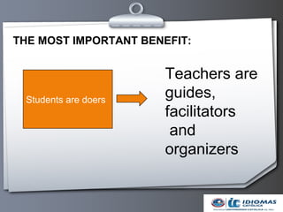 THE MOST IMPORTANT BENEFIT:


                       Teachers are
 Students are doers
                       guides,
                       facilitators
                        and
                       organizers
 