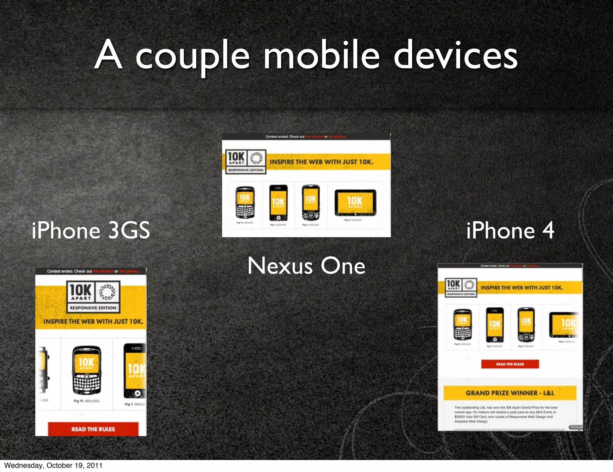 A couple mobile devices


       iPhone 3GS                           iPhone 4
                                Nexus One




Wednesday, October 19, 2011
 
