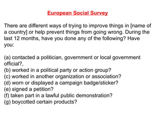 European Social Survey There are different ways of trying to improve things in [name of a country] or help prevent things from going wrong. During the last 12 months, have you done any of the following? Have you: (a) contacted a politician, government or local government official?,  (b) worked in a political party or action group? (c) worked in another organization or association? (d) worn or displayed a campaign badge/sticker? (e) signed a petition? (f) taken part in a lawful public demonstration? (g) boycotted certain products?  