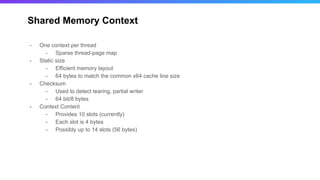 Shared Memory Context
- One context per thread
- Sparse thread-page map
- Static size
- Efficient memory layout
- 64 bytes to match the common x64 cache line size
- Checksum
- Used to detect tearing, partial writer
- 64 bit/8 bytes
- Context Content
- Provides 10 slots (currently)
- Each slot is 4 bytes
- Possibly up to 14 slots (56 bytes)
 