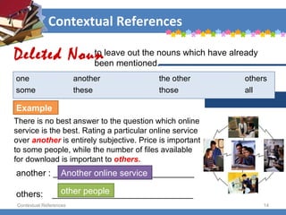 Contextual References Contextual References to leave out the nouns which have already  been mentioned.  one another the other others some these those all There is no best answer to the question which online service is the best. Rating a particular online service over  another   is entirely subjective. Price is important to some people, while the number of files available for download is important to  others. Deleted Noun another : _____________________________ others:   _____________________________ Another online service other people Example 