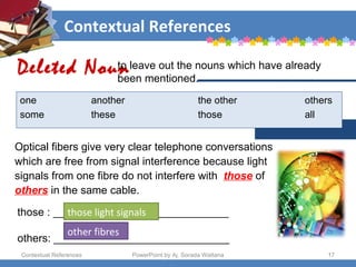 Contextual References Contextual References PowerPoint by Aj. Sorada Wattana Optical fibers give very clear telephone conversations  which are free from signal interference because light  signals from one fibre do not interfere with  those  of  others  in the same cable.  Deleted Noun to leave out the nouns which have already  been mentioned.  one another the other others some these those all those : _____________________________ others: _____________________________ those light signals other fibres 