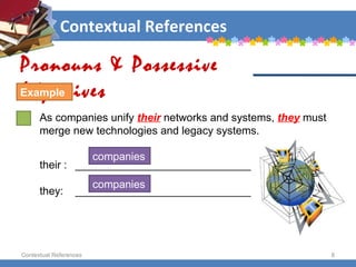 Contextual References Contextual References As companies unify  their   networks and systems,  they  must merge new technologies and legacy systems.  Pronouns & Possessive Adjectives Example their :  _____________________________ they: _____________________________ companies companies 