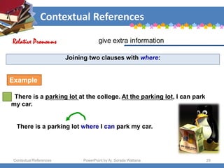 Contextual References
Contextual References PowerPoint by Aj. Sorada Wattana 29
Joining two clauses with where:
There is a parking lot at the college. At the parking lot, I can park
my car.
give extra information
Relative Pronouns
Example
There is a parking lot where I can park my car.
 