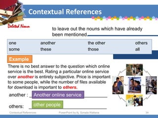 Contextual References
Contextual References PowerPoint by Aj. Sorada Wattana 34
to leave out the nouns which have already
been mentioned.
one another the other others
some these those all
There is no best answer to the question which online
service is the best. Rating a particular online service
over another is entirely subjective. Price is important
to some people, while the number of files available
for download is important to others.
Deleted Noun
another : _____________________________
others: _____________________________
Another online service
other people
Example
 