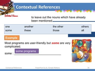 Contextual References
Contextual References PowerPoint by Aj. Sorada Wattana 35
to leave out the nouns which have already
been mentioned.
one another the other others
some these those all
Most programs are user-friendly but some are very
complicated.
Deleted Noun
some : _____________________________
some programs
Example
 