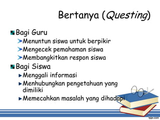 Bertanya (Questing)
Bagi Guru
Menuntun siswa untuk berpikir
Mengecek pemahaman siswa
Membangkitkan respon siswa
Bagi Siswa
Menggali informasi
Menhubungkan pengetahuan yang
dimiliki
Memecahkan masalah yang dihadapi
 