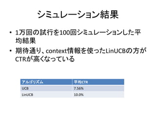シミュレーション結果
• 1万回の試行を100回シミュレーションした平
均結果
• 期待通り、context情報を使ったLinUCBの方が
CTRが高くなっている
アルゴリズム

平均CTR

UCB

7.56%

LinUCB

10.0%

 