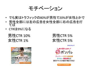 モチベーション
• でも実はトラフィックの80%が男性で20%が女性とかで
• 男性全部には左の広告を女性全部に右の広告を打
てば
• CTRは9%になる

男性CTR 10%
女性CTR 1%

男性CTR 5%
女性CTR 5%

 