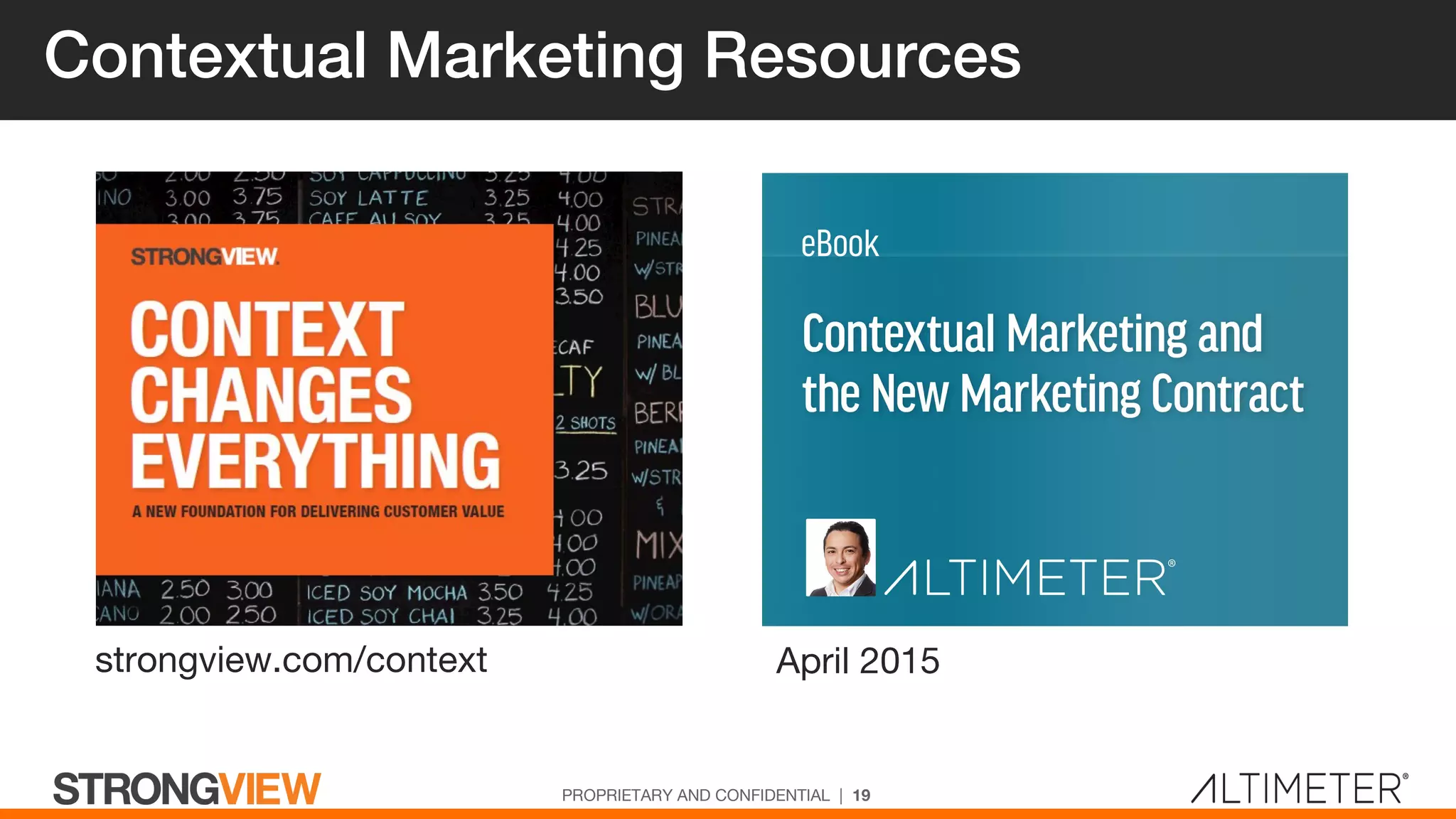 Contextual Marketing Resources
PROPRIETARY AND CONFIDENTIAL | 19
strongview.com/context April 2015
 