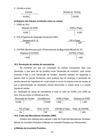 2 - Vendas a prazo:
Clientes Receita de Vendas
50.000 50.000
b) Registro dos tributos incidentes sobre as vendas
1 - ICMS de 18%:
Despesa de ICMS ICMS a Pagar
9.000 9.000
2 - PIS (Programa de Integração Social) de 0,65%
Despesa de P I S PIS a Pagar
325 325
3 - COFINS (Contribuição para o Financiamento da Seguridade Social) de 3%.
Despesa de COFINS COFINS a Pagar
1.500 1.500
10.5. Devolução de vendas de mercadorias
No momento em que um comprador de nossas mercadorias faça uma
devolução, o que para ele se constitui numa "devolução de compras", para nossa
empresa o fato é uma "devolução de vendas", devendo também ser registrado o
estorno total ou parcial. Entretanto, para qualquer tipo de empresa, a devolução de
vendas deverá ser registrada em conta própria e nunca na própria conta de receita, já
que a demonstração de resultados deverá demonstrar a receita bruta e a receita
líquida de vendas.
Ex.: devolução de venda de mercadorias à vista no valor de 10.000, com ICMS de
18%, PIS de 0,65% e COFINS de 3,0%.
Devolução de Vendas Caixa/Bancos ICMS a Pagar Despesa de ICMS
10.000 10.000 1.800 1.800
PIS a Pagar Desp. de PIS COFINS a Pagar Desp. de COFINS
65 65 300 300
10.6. Custo das Mercadorias Vendidas (CMV)
Existem dois métodos para calcular o valor do Custo das Mercadorias Vendidas:
Método do Inventário Periódico e Método do Inventário Perpétuo (ou Permanente).
a) Método do Inventário Periódico
27
 