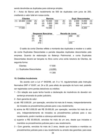 sendo devolvidas as duplicatas para cobrança simples.
8 – Aviso do Banco pelo recebimento de 500 de duplicatas com juros de 200,
creditando o valor total em nossa conta.
Clientes Bancos Dupl. Descontadas
(1) 20.000 2.000 (5) (2) 10.000 330 (6) (5) 2.000 5.000 (3)
500 (8) (4) 3.800 580 (7) (6) 300 4.000 (4)
_________ (8) 700 (7) 500 _______
17.500 13.590 6.200
Despesas Bancárias Receita de Juros
(4) 200 200 (8)
(6) 30
(7) 80 _____
310 200
O saldo da conta Clientes reflete o montante das duplicatas a receber e o saldo
da conta Duplicatas Descontadas a parcela daquelas duplicatas descontadas pela
empresa. Quando da elaboração do Balanço Patrimonial, a conta Duplicatas
Descontadas deverá ser lançada no Ativo como uma conta redutora de Clientes, da
seguinte forma:
Clientes 17.500
(-) Duplicatas Descontadas ( 6.200)
11.300
15. Créditos Incobráveis
De acordo com a Lei nº 9430/96, art. 9 a 14, regulamentada pela Instrução
Normativa SRF nº 93/97, art. 24 a 28, para efeito de apuração do lucro real, poderão
ser registradas como perdas dedutíveis os créditos:
1 - Em relação aos quais tenha havido a declaração de insolvência do devedor em
sentença emanada do poder judiciário;
2 - Sem garantia de valor:
a) até R$ 5.000,00 , por operação, vencidos há mais de 6 meses, independentemente
de iniciados os procedimentos judiciais para o seu recebimento;
b) acima de R$ 5.000,00 até R$ 30.000,00, por operação, vencidos há mais de um
ano, independentemente de iniciados os procedimentos judiciais para o seu
recebimento, porém mantida a cobrança administrativa;
c) superior a R$ 30.000,00, vencidos há mais de um ano, desde que iniciados e
mantidos os procedimentos judiciais para o seu recebimento.
3 - Com garantia, vencidos há mais de 2 anos, desde que iniciados e mantidos os
procedimentos judiciais para o seu recebimento ou arresto das garantias; para esse
34
 