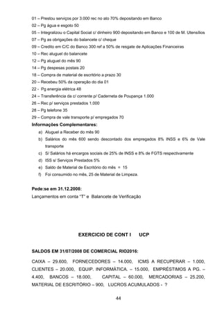 01 – Prestou serviços por 3.000 rec no ato 70% depositando em Banco
02 – Pg água e esgoto 50
05 – Integralizou o Capital Social c/ dinheiro 900 depositando em Banco e 100 de M. Utensílios
07 – Pg as obrigações do balancete c/ cheque
09 – Credito em C/C do Banco 300 ref a 50% de resgate de Aplicações Financeiras
10 – Rec aluguel do balancete
12 – Pg aluguel do mês 90
14 – Pg despesas postais 20
18 – Compra de material de escritório a prazo 30
20 – Recebeu 50% da operação do dia 01
22 - Pg energia elétrica 48
24 – Transferência da c/ corrente p/ Caderneta de Poupança 1.000
26 – Rec p/ serviços prestados 1.000
28 – Pg telefone 35
29 – Compra de vale transporte p/ empregados 70
Informações Complementares:
a) Aluguel a Receber do mês 90
b) Salários do mês 600 sendo descontado dos empregados 8% INSS e 6% de Vale
transporte
c) S/ Salários há encargos sociais de 25% de INSS e 8% de FGTS respectivamente
d) ISS s/ Serviços Prestados 5%
e) Saldo de Material de Escritório do mês = 15
f) Foi consumido no mês, 25 de Material de Limpeza.
Pede:se em 31.12.2008:
Lançamentos em conta “T” e Balancete de Verificação
EXERCICIO DE CONT I UCP
SALDOS EM 31/07/2008 DE COMERCIAL RIO2016:
CAIXA – 29.600, FORNECEDORES – 14.000, ICMS A RECUPERAR – 1.000,
CLIENTES – 20.000, EQUIP. INFORMÁTICA. – 15.000, EMPRÉSTIMOS A PG. –
4.400, BANCOS – 18.000, CAPITAL – 60.000, MERCADORIAS – 25.200,
MATERIAL DE ESCRITÓRIO – 900, LUCROS ACUMULADOS - ?
44
 