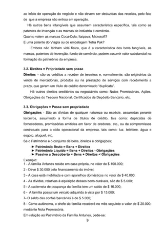 ao início de operação do negócio e não devem ser deduzidas das receitas, pelo fato
de que a empresa não entrou em operação.
Há outros bens intangíveis que assumem característica específica, tais como as
patentes de invenção e as marcas de indústria e comércio.
Quanto valem as marcas Coca-Cola; Itaipava; Microsoft?
E uma patente do Viagra ou de embalagem Tetra Pak?
Embora não tenham vida física, que é a característica dos bens tangíveis, as
marcas, patentes de invenção, fundo de comércio, podem assumir valor substancial na
formação do patrimônio da empresa.
3.2. Direitos = Propriedade sem posse
Direitos – são os créditos a receber de terceiros e, normalmente, são originários da
venda de mercadorias, produtos ou na prestação de serviços com recebimento a
prazo, que geram um título de crédito denominado “duplicata”.
Há outros direitos creditórios ou negociáveis como: Notas Promissórias, Ações,
Obrigações do Tesouro Nacional, Certificados de Depósito Bancário, etc.
3.3. Obrigações = Posse sem propriedade
Obrigações - São as dívidas de qualquer natureza ou espécie, assumidas perante
terceiros, assumindo a forma de títulos de crédito, tais como: duplicatas de
fornecedores, promissórias emitidas em favor de credores, etc., ou de compromissos
contratuais para o ciclo operacional da empresa, tais como: luz, telefone, água e
esgoto, aluguel, etc.
Se o Patrimônio é o conjunto de bens, direitos e obrigações;
► Patrimônio Bruto = Bens + Direitos
► Patrimônio Líquido = Bens + Direitos - Obrigações
► Passivo a Descoberto = Bens + Direitos < Obrigações
Exemplo:
1 - A família Antunes reside em casa própria, no valor de $ 100.000;
2 - Deve $ 30.000 pelo financiamento do imóvel;
3 - A casa está mobiliada e com aparelhos domésticos no valor de $ 40.000;
4 - As dívidas, relativas à aquisição desses bens duráveis, são de $ 5.000;
5 - A caderneta de poupança da família tem um saldo de $ 10.000;
6 - A família possui um veículo adquirido à vista por $ 15.000;
7- O saldo das contas bancárias é de $ 5.000;
8 - Como autônomo, o chefe da família receberá no mês seguinte o valor de $ 20.000,
mediante Nota Promissória.
Em relação ao Patrimônio da Família Antunes, pede-se:
9
 