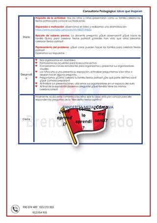 990 074 489 923 172 203
912 054 935
Consultoría Pedagógica: Ideas que Inspiran
Inicio
Propósito de la actividad: Hoy los niños y niñas presentaran como su familia celebra las
fiestas patrias para conocer sus tradiciones.
Disparador o motivación: observamos el video y realizamos una dramatización:
https://www.youtube.com/watch?v=8ES91fNlzDs
Rescate de saberes previos: La docente pregunta: ¿Qué observaron? ¿Qué hacía la
familia Quiroz para celebrar fiestas patrias? ¿Ustedes han visto que otras personas
celebran fiestas patrias?
Planteamiento del problema: ¿Qué cosas pueden hacer las familias para celebrar fiestas
patrias?
Esperamos sus respuestas
Desarroll
o
Nos organizamos en asamblea
Formulamos los acuerdos para la escucha activa
Conversamos con los estudiantes para organizarnos y presentar sus organizadores
visuales.
Los niños uno a uno presenta su exposición, al finalizar preguntamos a los niños si
desean hacer alguna pregunta.
Preguntamos ¿Cómo celebra tu familia fiestas patrias? ¿De qué parte del Perú son?
¿Qué comidas preparan?
Al finalizar sus presentaciones, ubicamos sus organizadores en un espacio del aula.
Al final de la exposición podemos preguntar ¿Qué familias tiene las mismas
celebraciones?
Cierre
Finalmente, la docente comenta a los niños que la clase está por concluir para ello
responden las preguntas de la “Banderita Metacognitiva”
BANDERITA METACOGNITIVA
¿Qué
aprend
í?
¿Cómo
me
sentí?
¿Cómo
lo
aprendí
?
 