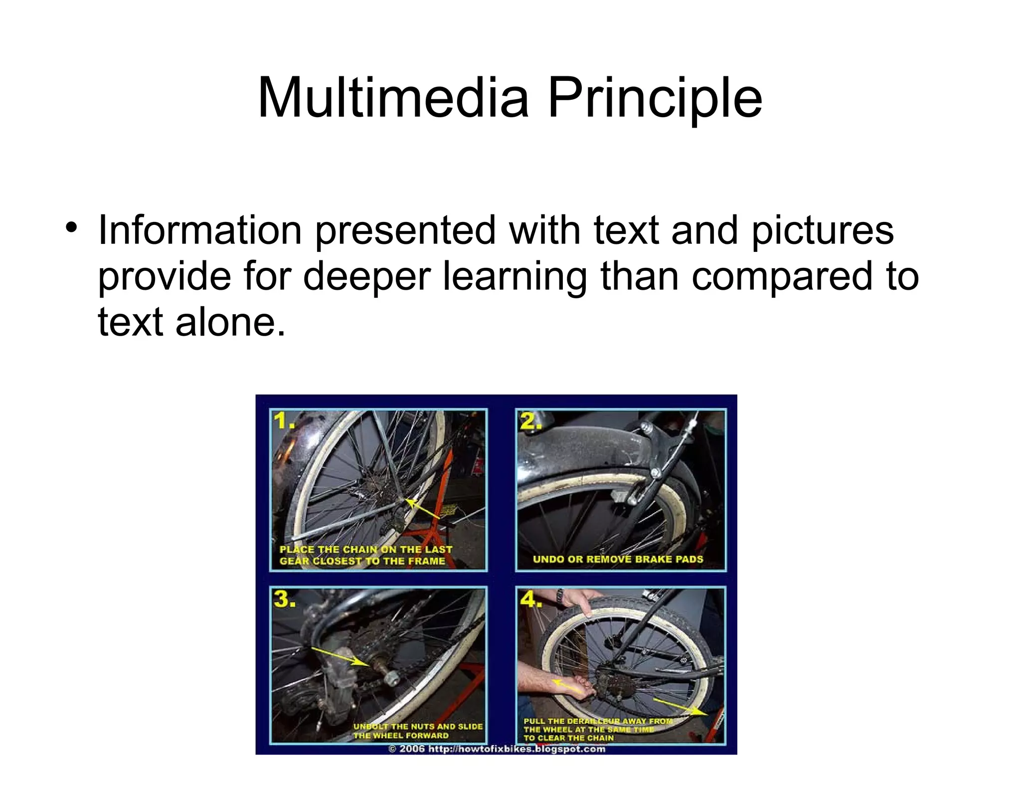 Multimedia Principle

Information presented with text and pictures
provide for deeper learning than compared to
text alone.
 