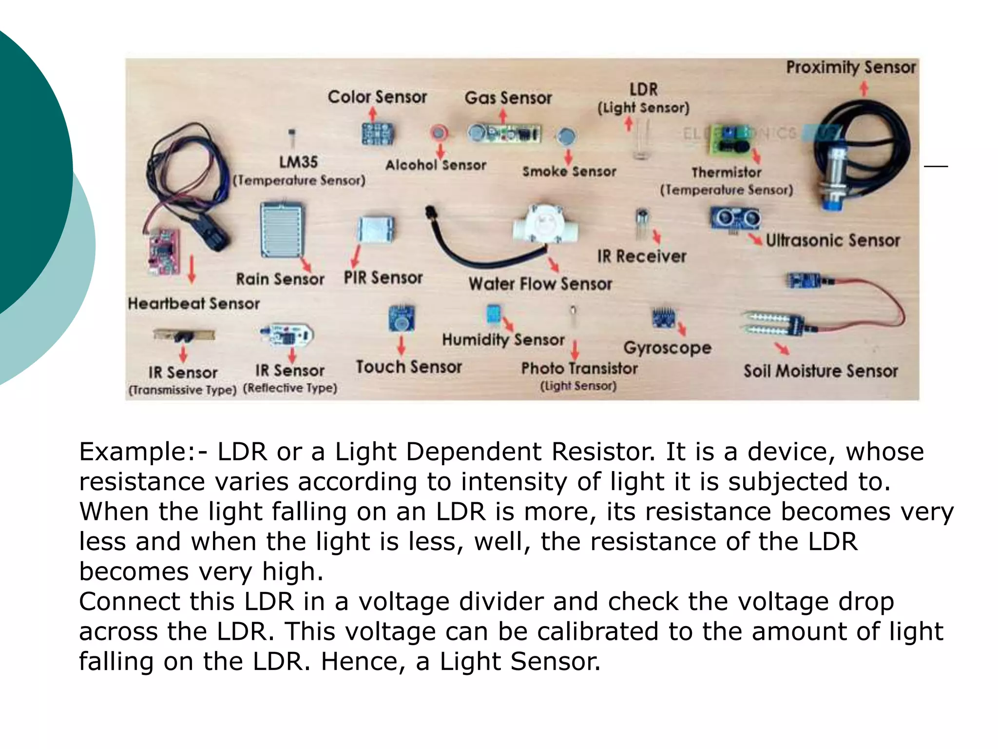 Example:- LDR or a Light Dependent Resistor. It is a device, whose
resistance varies according to intensity of light it is subjected to.
When the light falling on an LDR is more, its resistance becomes very
less and when the light is less, well, the resistance of the LDR
becomes very high.
Connect this LDR in a voltage divider and check the voltage drop
across the LDR. This voltage can be calibrated to the amount of light
falling on the LDR. Hence, a Light Sensor.
 