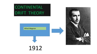 CONTINENTAL
DRIFT THEORY
Alfred Wegener
1912
 