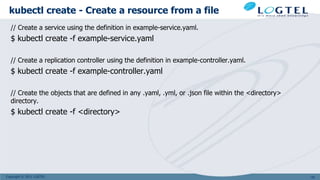 Copyright © 2011 LOGTEL
kubectl create - Create a resource from a file
// Create a service using the definition in example-service.yaml.
$ kubectl create -f example-service.yaml
// Create a replication controller using the definition in example-controller.yaml.
$ kubectl create -f example-controller.yaml
// Create the objects that are defined in any .yaml, .yml, or .json file within the <directory>
directory.
$ kubectl create -f <directory>
123
 