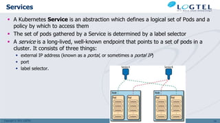 Copyright © 2011 LOGTEL
Services
 A Kubernetes Service is an abstraction which defines a logical set of Pods and a
policy by which to access them
 The set of pods gathered by a Service is determined by a label selector
 A service is a long-lived, well-known endpoint that points to a set of pods in a
cluster. It consists of three things:
 external IP address (known as a portal, or sometimes a portal IP)
 port
 label selector.
126
 