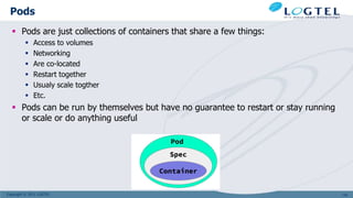 Copyright © 2011 LOGTEL
Pods
 Pods are just collections of containers that share a few things:
 Access to volumes
 Networking
 Are co-located
 Restart together
 Usualy scale togther
 Etc.
 Pods can be run by themselves but have no guarantee to restart or stay running
or scale or do anything useful
134
 