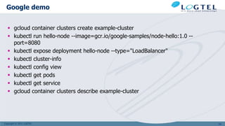 Copyright © 2011 LOGTEL
Google demo
 gcloud container clusters create example-cluster
 kubectl run hello-node --image=gcr.io/google-samples/node-hello:1.0 --
port=8080
 kubectl expose deployment hello-node --type="LoadBalancer"
 kubectl cluster-info
 kubectl config view
 kubectl get pods
 kubectl get service
 gcloud container clusters describe example-cluster
150
 
