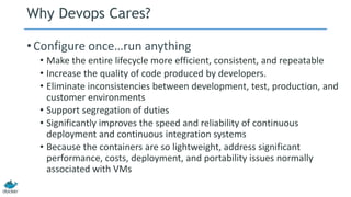 Why Devops Cares?
• Configure once…run anything
• Make the entire lifecycle more efficient, consistent, and repeatable
• Increase the quality of code produced by developers.
• Eliminate inconsistencies between development, test, production, and
customer environments
• Support segregation of duties
• Significantly improves the speed and reliability of continuous
deployment and continuous integration systems
• Because the containers are so lightweight, address significant
performance, costs, deployment, and portability issues normally
associated with VMs
 