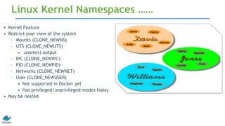 • Kernel Feature
• Restrict your view of the system
– Mounts (CLONE_NEWNS)
– UTS (CLONE_NEWUTS)
• uname() output
– IPC (CLONE_NEWIPC)
– PID (CLONE_NEWPID)
– Networks (CLONE_NEWNET)
– User (CLONE_NEWUSER)
• Not supported in Docker yet
• Has privileged/unprivileged modes today
• May be nested
Linux Kernel Namespaces ……
 