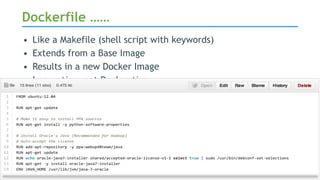 • Like a Makefile (shell script with keywords)
• Extends from a Base Image
• Results in a new Docker Image
• Imperative, not Declarative
• A Docker file lists the steps needed to build an images
• docker build is used to run a Docker file
• Can define default command for docker run, ports to expose,
etc
Dockerfile ……
 