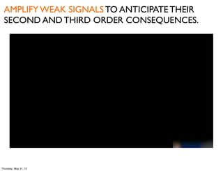 AMPLIFY WEAK SIGNALS TO ANTICIPATE THEIR
 SECOND AND THIRD ORDER CONSEQUENCES.




Thursday, May 31, 12
 