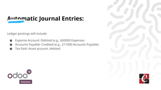 Enterprise
Automatic Journal Entries:
Ledger postings will include:
● Expense Account: Debited (e.g., 600000 Expenses
● Accounts Payable: Credited (e.g., 211000 Accounts Payable)
● Tax Paid: Asset account, debited
 