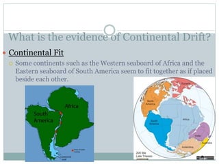 What is the evidence of Continental Drift?
 Continental Fit
 Some continents such as the Western seaboard of Africa and the
Eastern seaboard of South America seem to fit together as if placed
beside each other.
 
