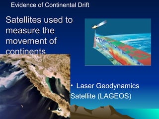 Satellites used to
Satellites used to
measure the
measure the
movement of
movement of
continents
continents
• Laser Geodynamics
Satellite (LAGEOS)
Evidence of Continental Drift
 