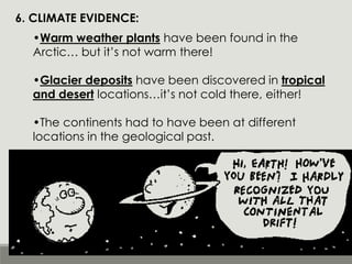 6. CLIMATE EVIDENCE:
•Warm weather plants have been found in the
Arctic… but it’s not warm there!
•Glacier deposits have been discovered in tropical
and desert locations…it’s not cold there, either!
•The continents had to have been at different
locations in the geological past.
 