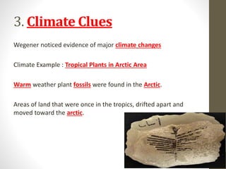 3. Climate Clues
Wegener noticed evidence of major climate changes
Climate Example : Tropical Plants in Arctic Area
Warm weather plant fossils were found in the Arctic.
Areas of land that were once in the tropics, drifted apart and
moved toward the arctic.
 