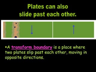 A transform boundary is a place where
two plates slip past each other, moving in
opposite directions.
 