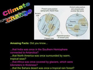 Amazing Facts: Did you know...
...that India was once in the Southern Hemisphere
connected to Antarctica?
...that North America was once surrounded by warm,
tropical seas?
...that Africa was once covered by glaciers, which were
kilometers in thickness?
...that the Sahara desert was once a tropical rain forest?
 