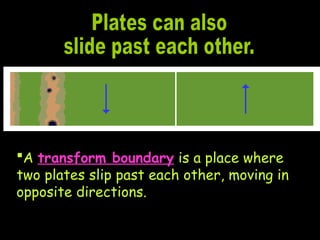 A transform boundary is a place where
two plates slip past each other, moving in
opposite directions.
 