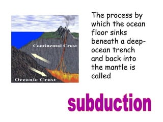 The process by which the ocean floor sinks beneath a deep-ocean trench and back into the mantle is called subduction 
