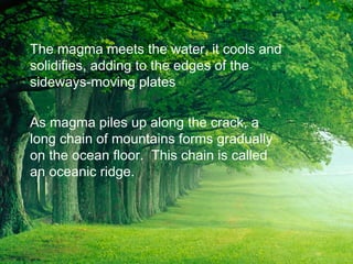 The magma meets the water, it cools and
solidifies, adding to the edges of the
sideways-moving plates
As magma piles up along the crack, a
long chain of mountains forms gradually
on the ocean floor. This chain is called
an oceanic ridge.
 
